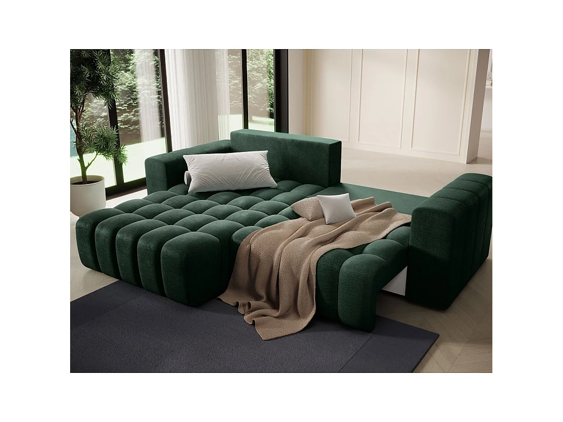 Canapé d'angle convertible DORY vert foncé 250 cm avec coffre de rangement angle gauche