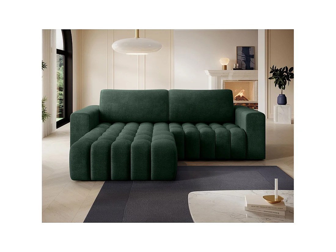 Canapé d'angle convertible DORY vert foncé 250 cm avec coffre de rangement angle gauche