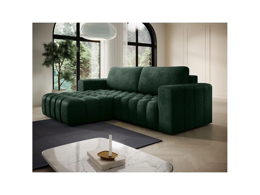 Canapé d'angle convertible DORY vert foncé 250 cm avec coffre de rangement angle gauche