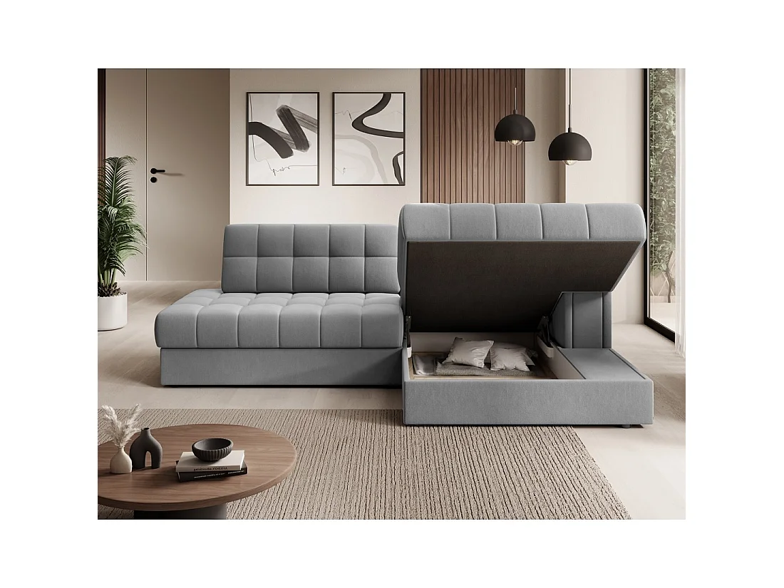 Canapé d'angle convertible CUBITO gris 240 cm avec coffre et couchage