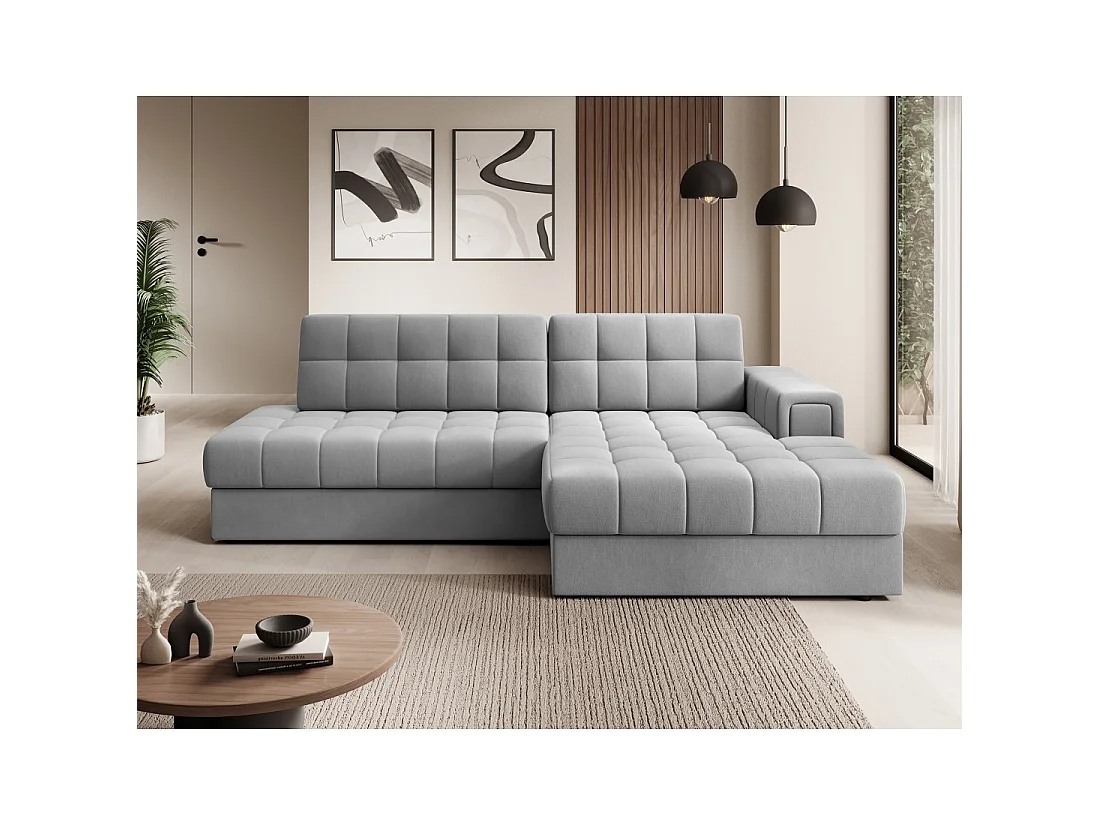 Canapé d'angle convertible CUBITO gris 240 cm avec coffre et couchage