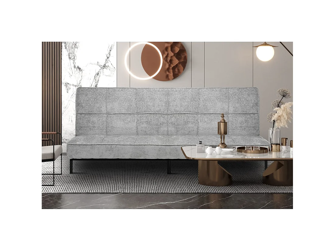 Canapé-lit CALMORA – Tissu gris – Matelas intégré – Structure bois – Design compact et élégant