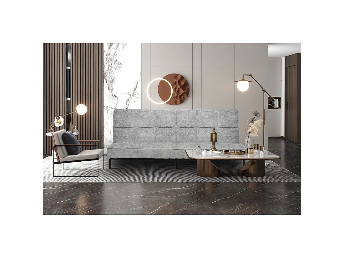 Canapé-lit CALMORA – Tissu gris – Matelas intégré – Structure bois – Design compact et élégant
