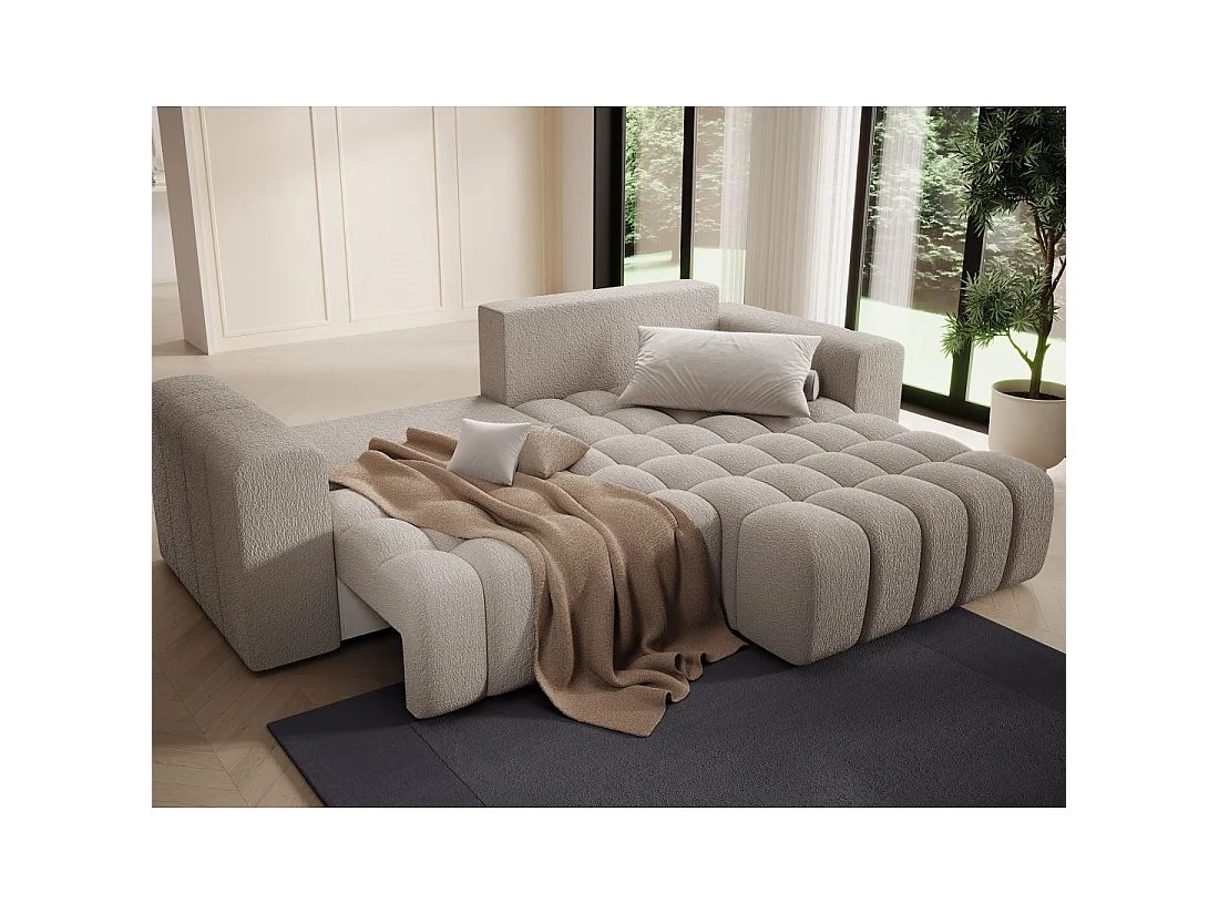 Canapé d'angle convertible DORY beige clair 250 cm avec coffre de rangement angle droit