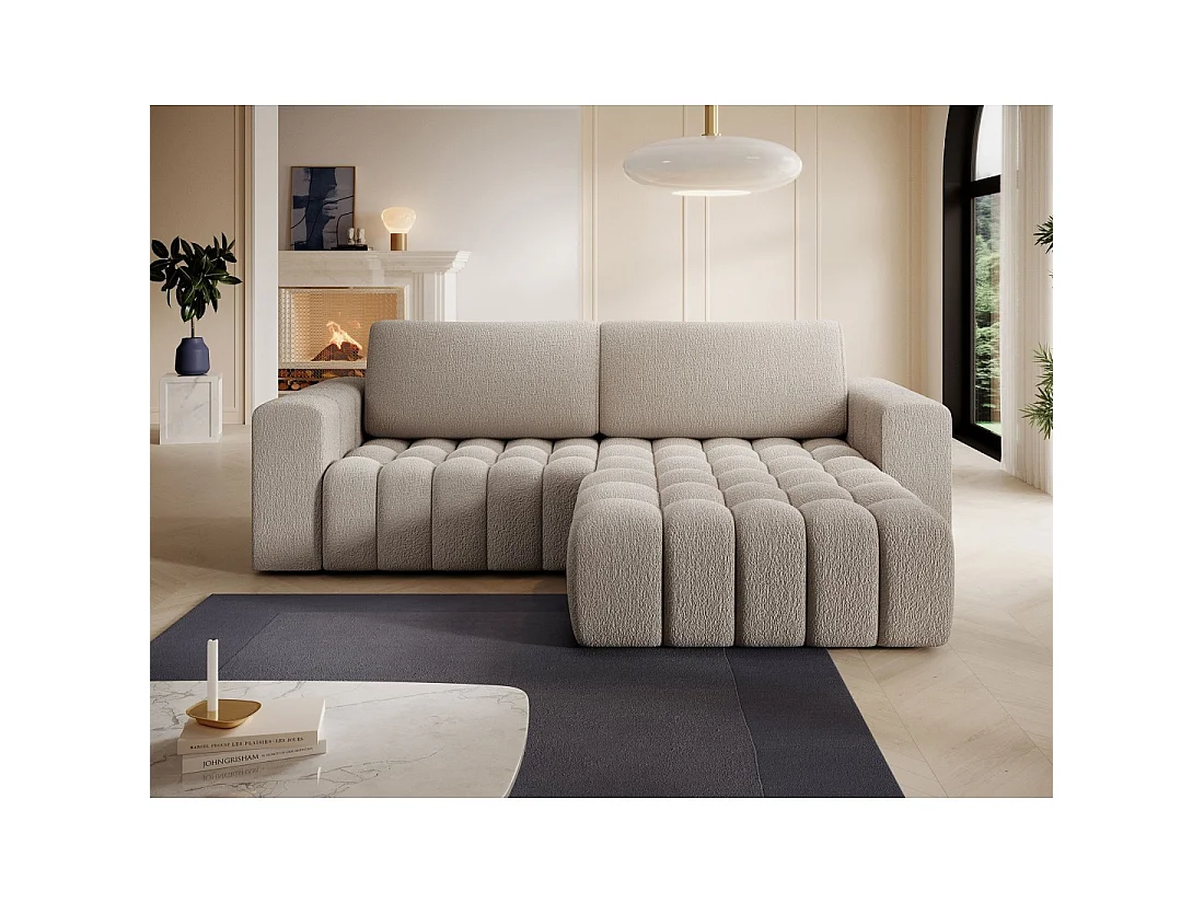 Canapé d'angle convertible DORY beige clair 250 cm avec coffre de rangement angle droit