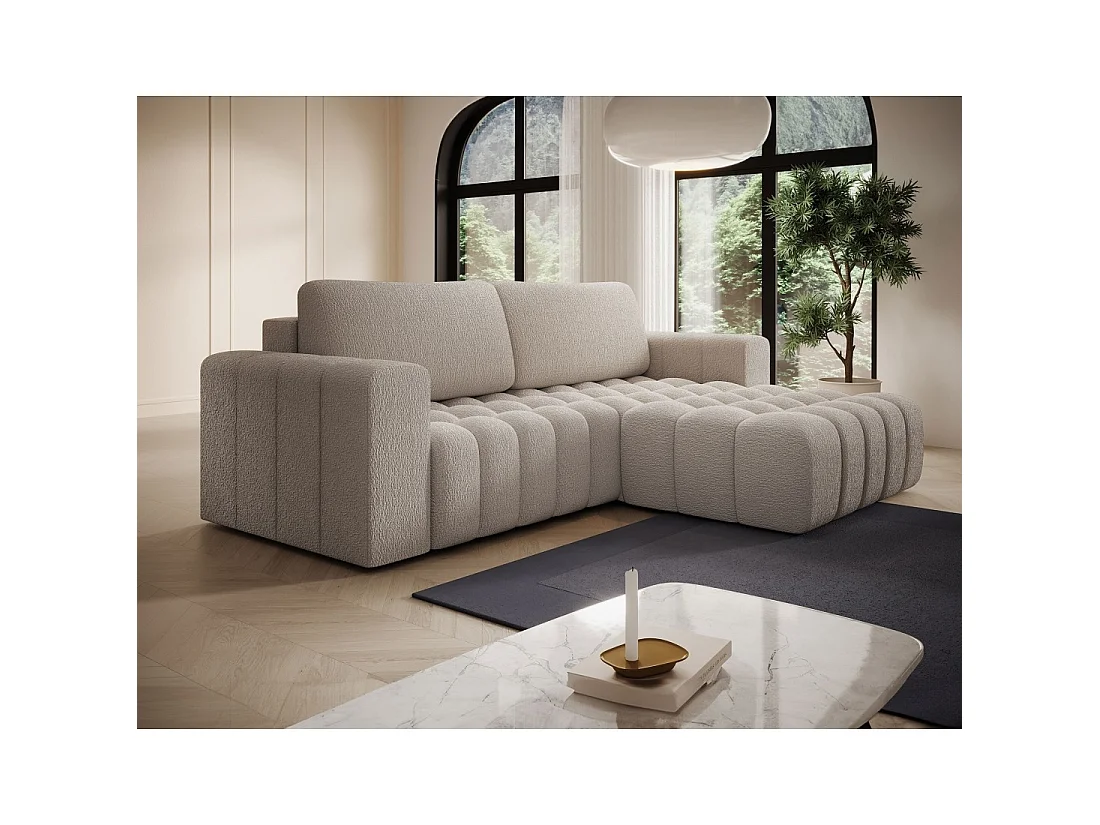 Canapé d'angle convertible DORY beige clair 250 cm avec coffre de rangement angle droit