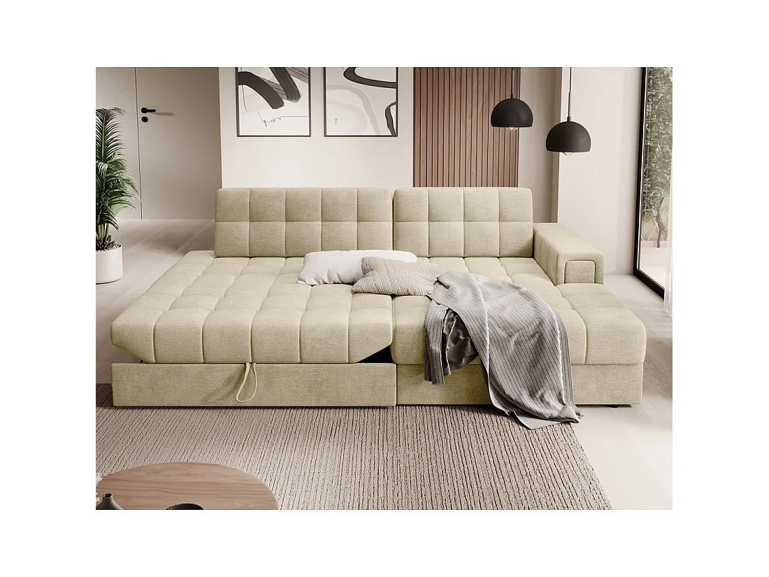 Canapé d'angle convertible CUBITO beige 240 cm avec coffre et couchage
