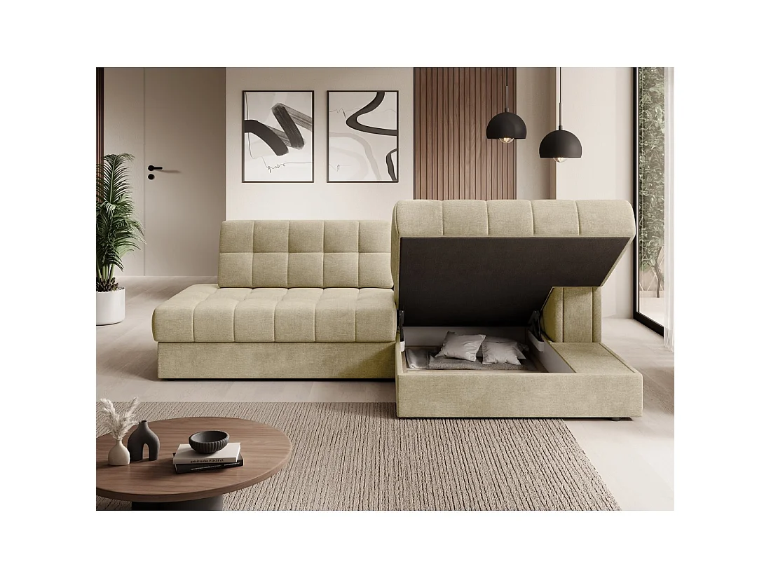 Canapé d'angle convertible CUBITO beige 240 cm avec coffre et couchage