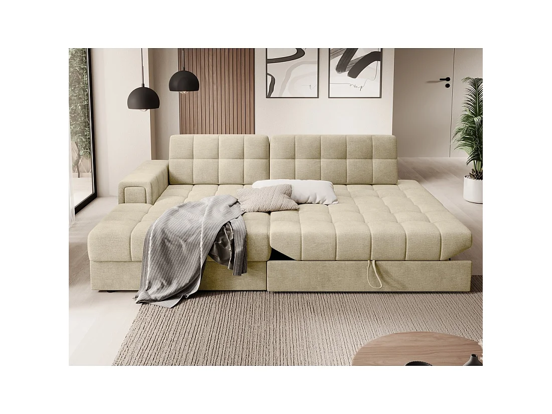 Canapé d'angle convertible CUBITO beige 240 cm avec coffre de rangement et couchage