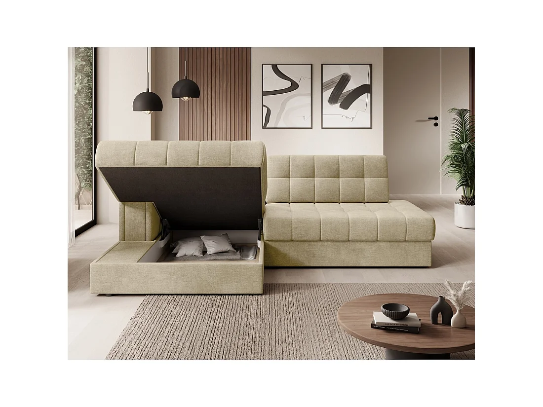 Canapé d'angle convertible CUBITO beige 240 cm avec coffre de rangement et couchage