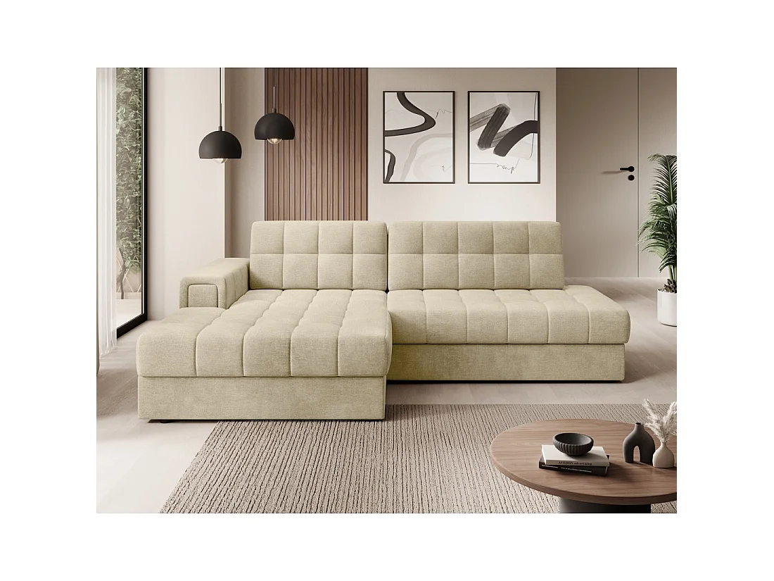 Canapé d'angle convertible CUBITO beige 240 cm avec coffre de rangement et couchage