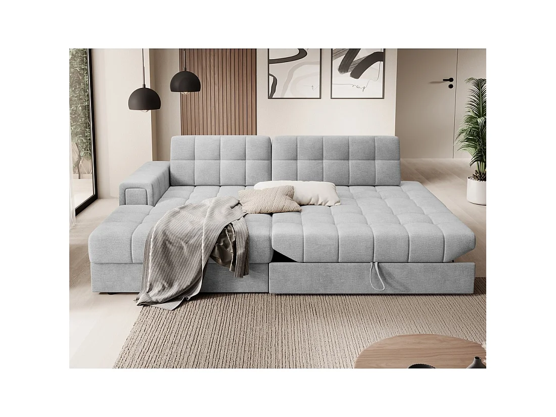 Canapé d'angle convertible CUBITO gris 240 cm avec coffre de rangement angle gauche