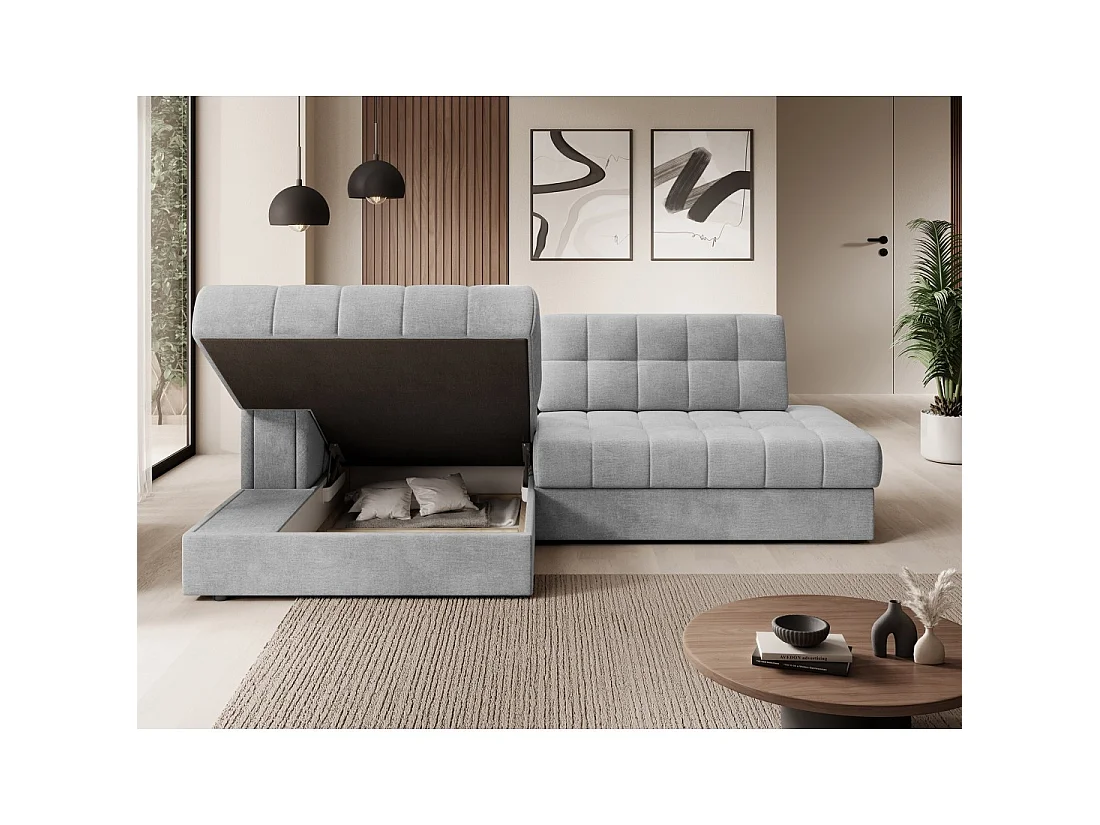 Canapé d'angle convertible CUBITO gris 240 cm avec coffre de rangement angle gauche