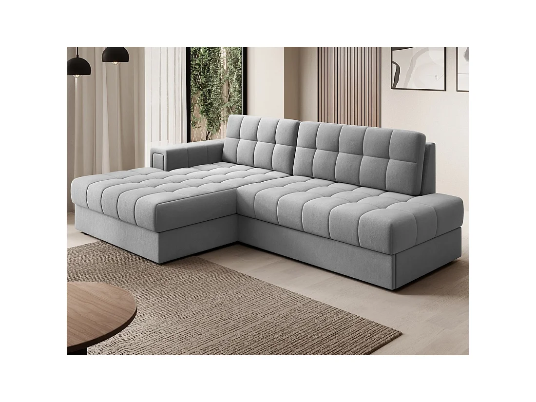 Canapé d'angle convertible CUBITO gris 240 cm avec coffre de rangement et couchage