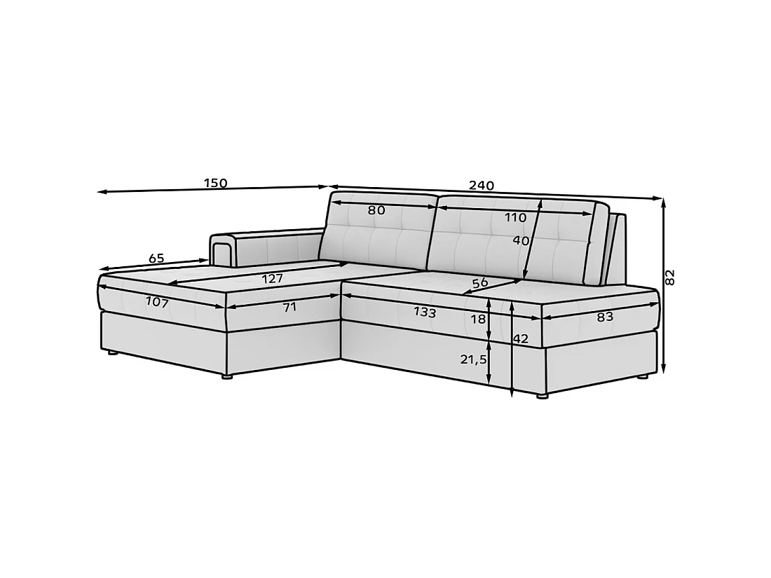 Canapé d'angle convertible CUBITO gris 240 cm avec coffre de rangement et couchage