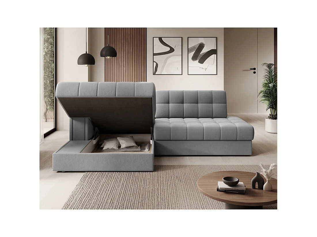 Canapé d'angle convertible CUBITO gris 240 cm avec coffre de rangement et couchage