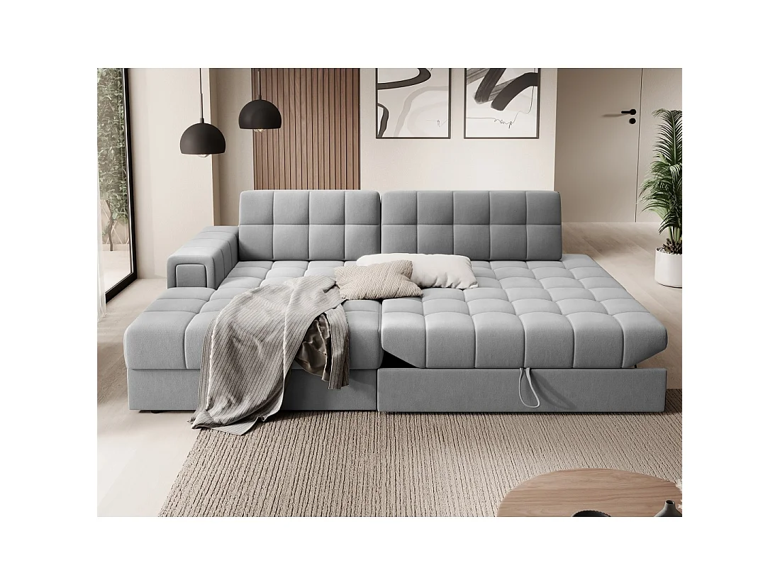 Canapé d'angle convertible CUBITO gris 240 cm avec coffre de rangement et couchage
