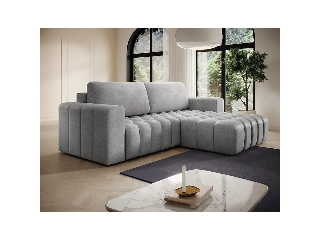 Canapé d'angle convertible DORY gris 250 cm avec coffre de rangement angle droit