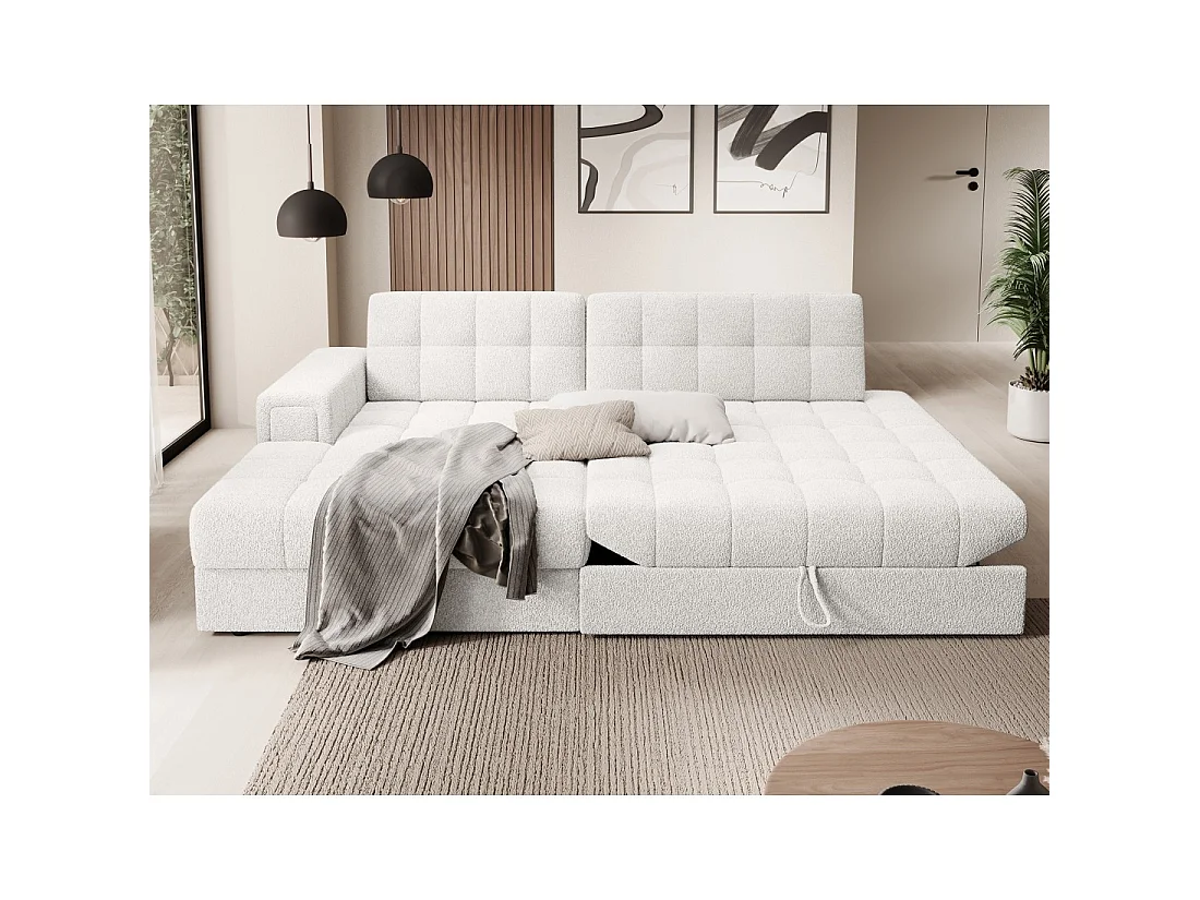Canapé d'angle convertible CUBITO blanc bouclette 240 cm avec coffre et couchage