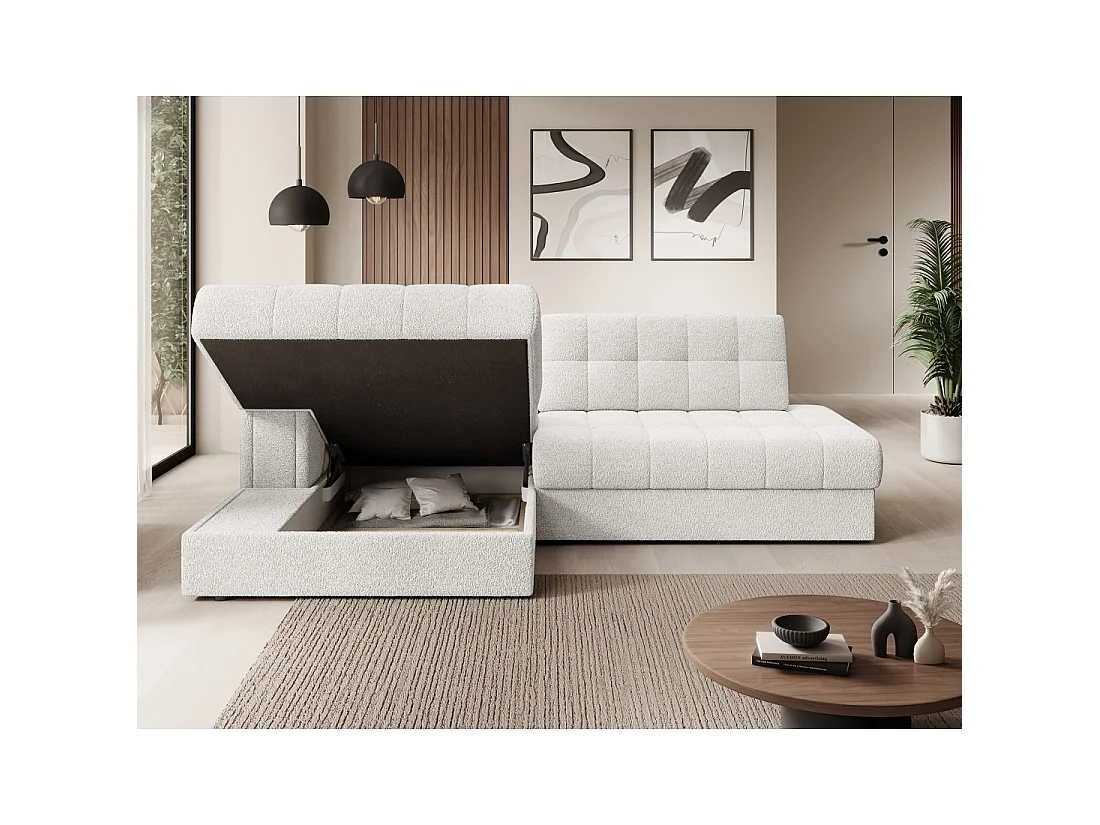 Canapé d'angle convertible CUBITO blanc bouclette 240 cm avec coffre et couchage