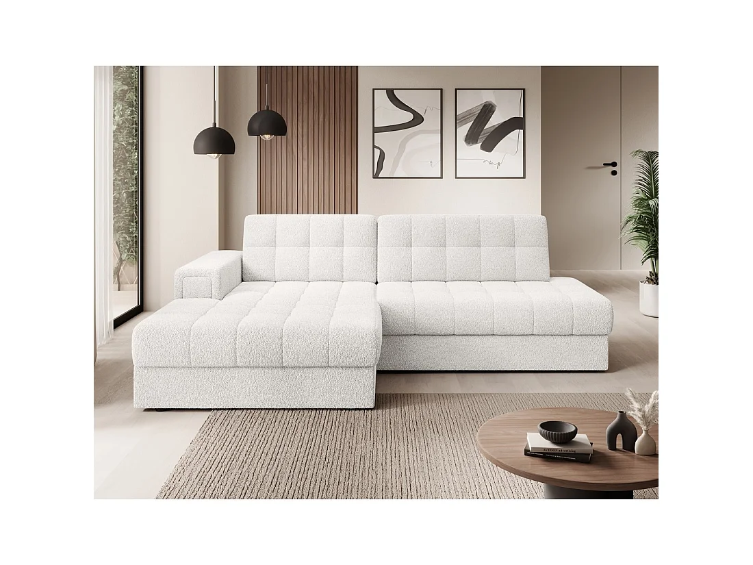 Canapé d'angle convertible CUBITO blanc bouclette 240 cm avec coffre et couchage