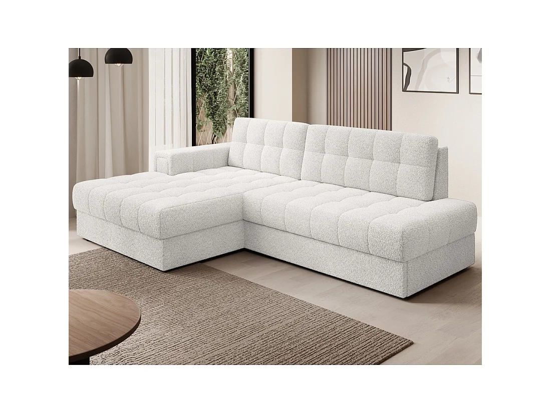 Canapé d'angle convertible CUBITO blanc bouclette 240 cm avec coffre et couchage