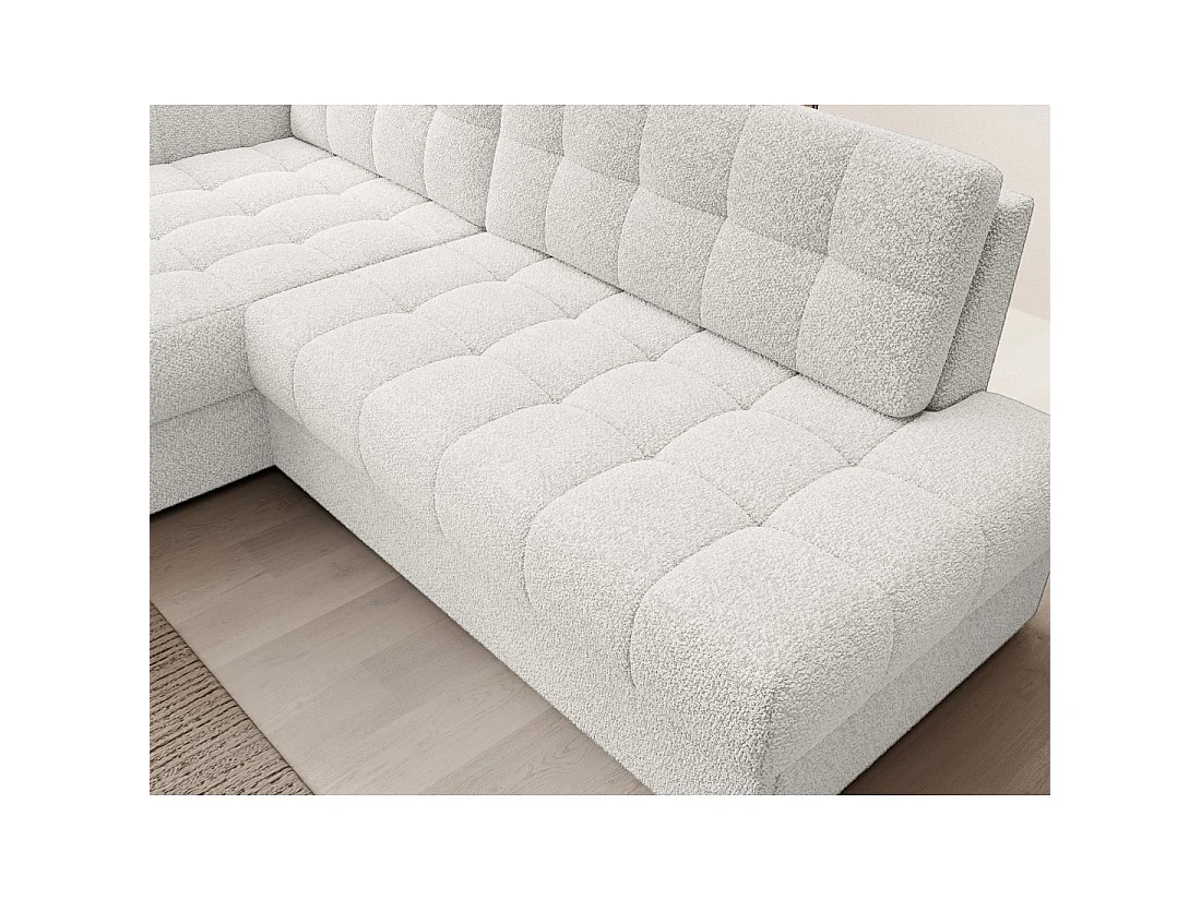 Canapé d'angle convertible CUBITO blanc bouclette 240 cm avec coffre et couchage