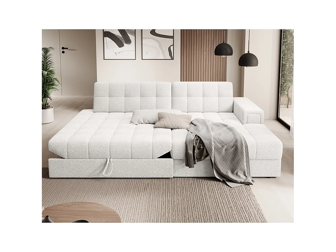 Canapé d'angle convertible CUBITO blanc 240 cm avec coffre de rangement angle droit