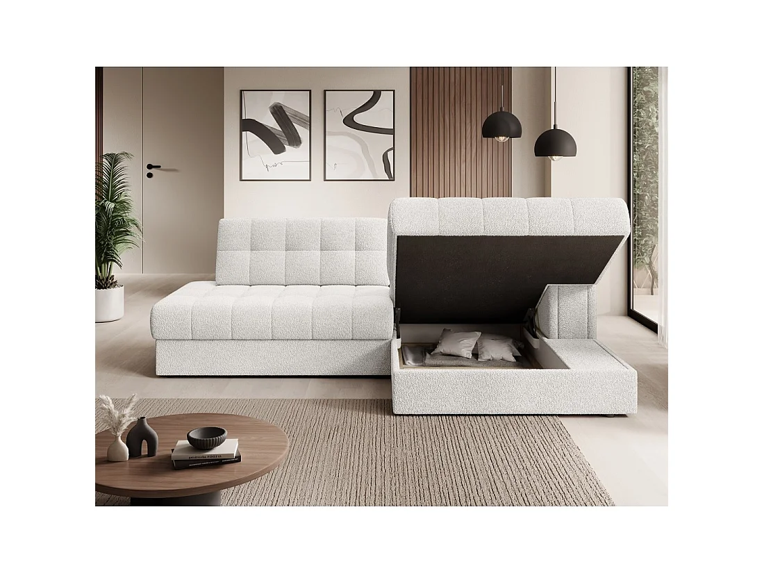 Canapé d'angle convertible CUBITO blanc 240 cm avec coffre de rangement angle droit