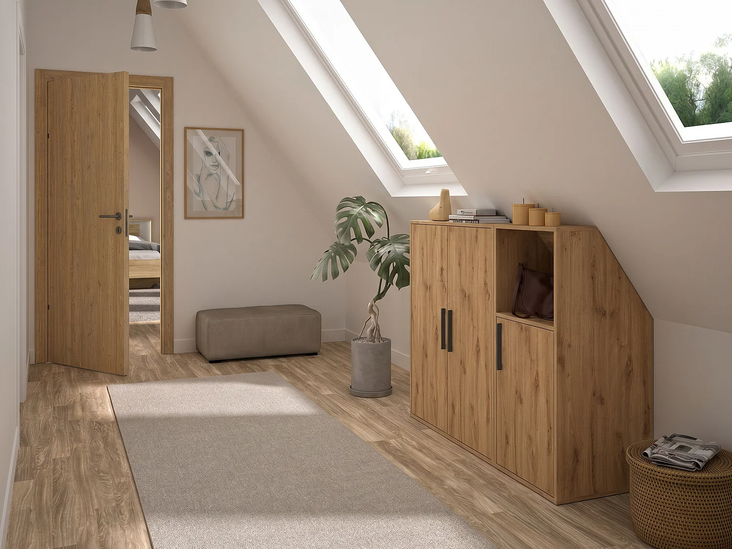 Meuble sous pente 3 portes et 1 niche - Coloris : Naturel - ADEZIO