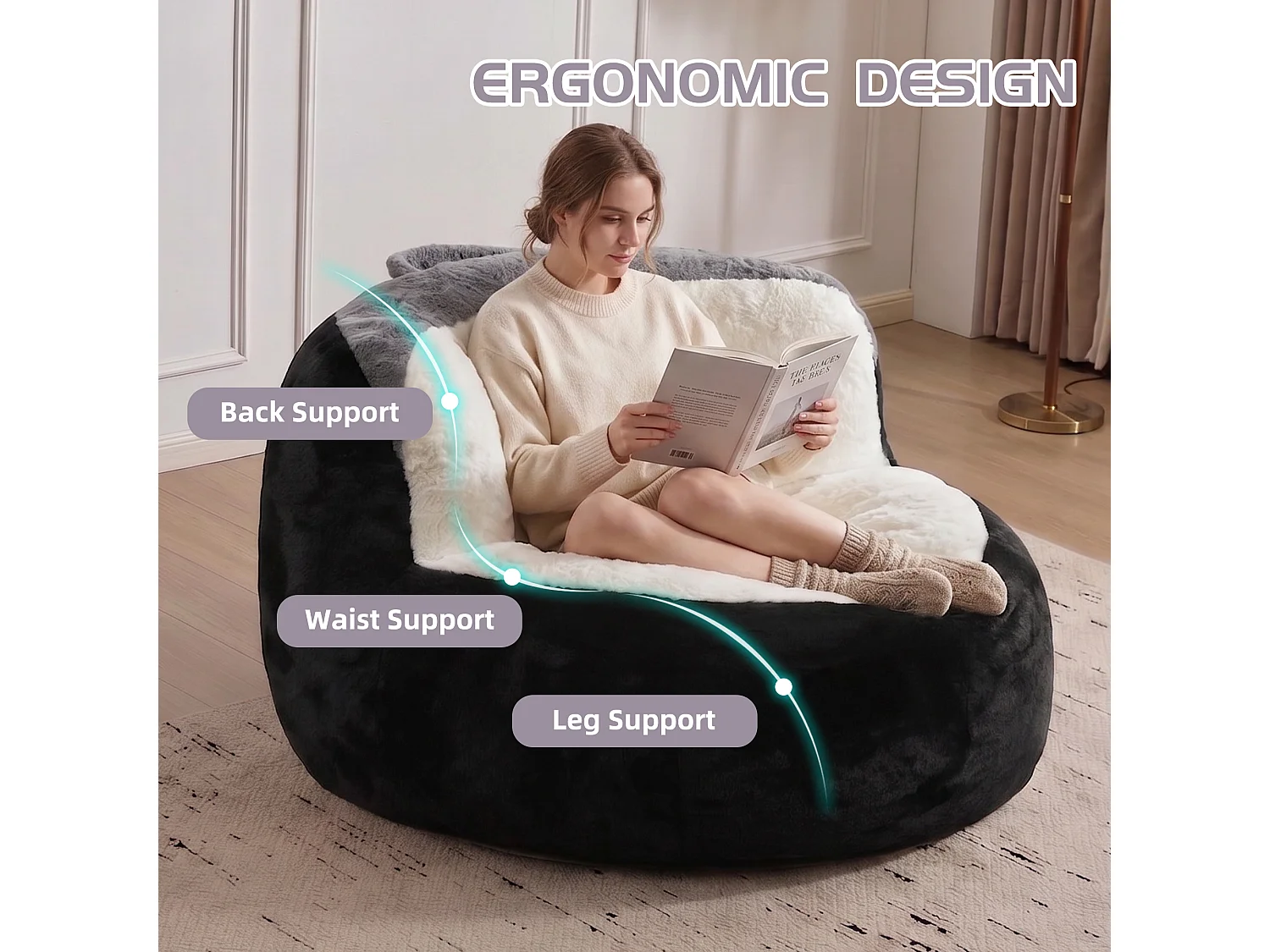 LoomyCoz Pouf Géant Salon en Fausse Fourrure Multicolore | Fauteuil Pouf Moelleux Mousse Haute Densité | Pouf Poire Design Cocooning Adulte Enfant