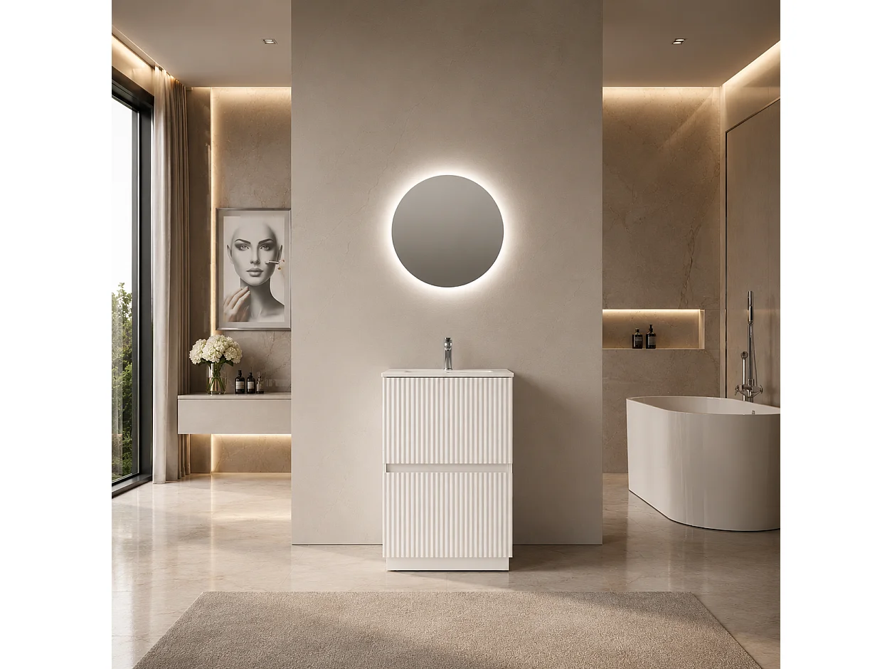 Mobile Bagno a terra 60 cm cannettato Bianco con lavabo ad incasso e specchio retroilluminato diametro 60 luce fredda