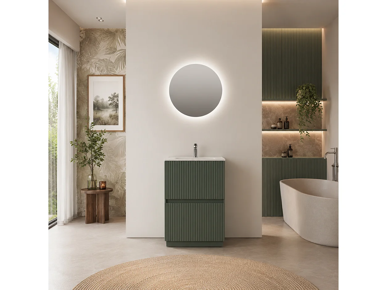 Mobile Bagno a terra 60 cm cannettato Verde Opaco con lavabo ad incasso e specchio retroilluminato diametro 60 luce fredda