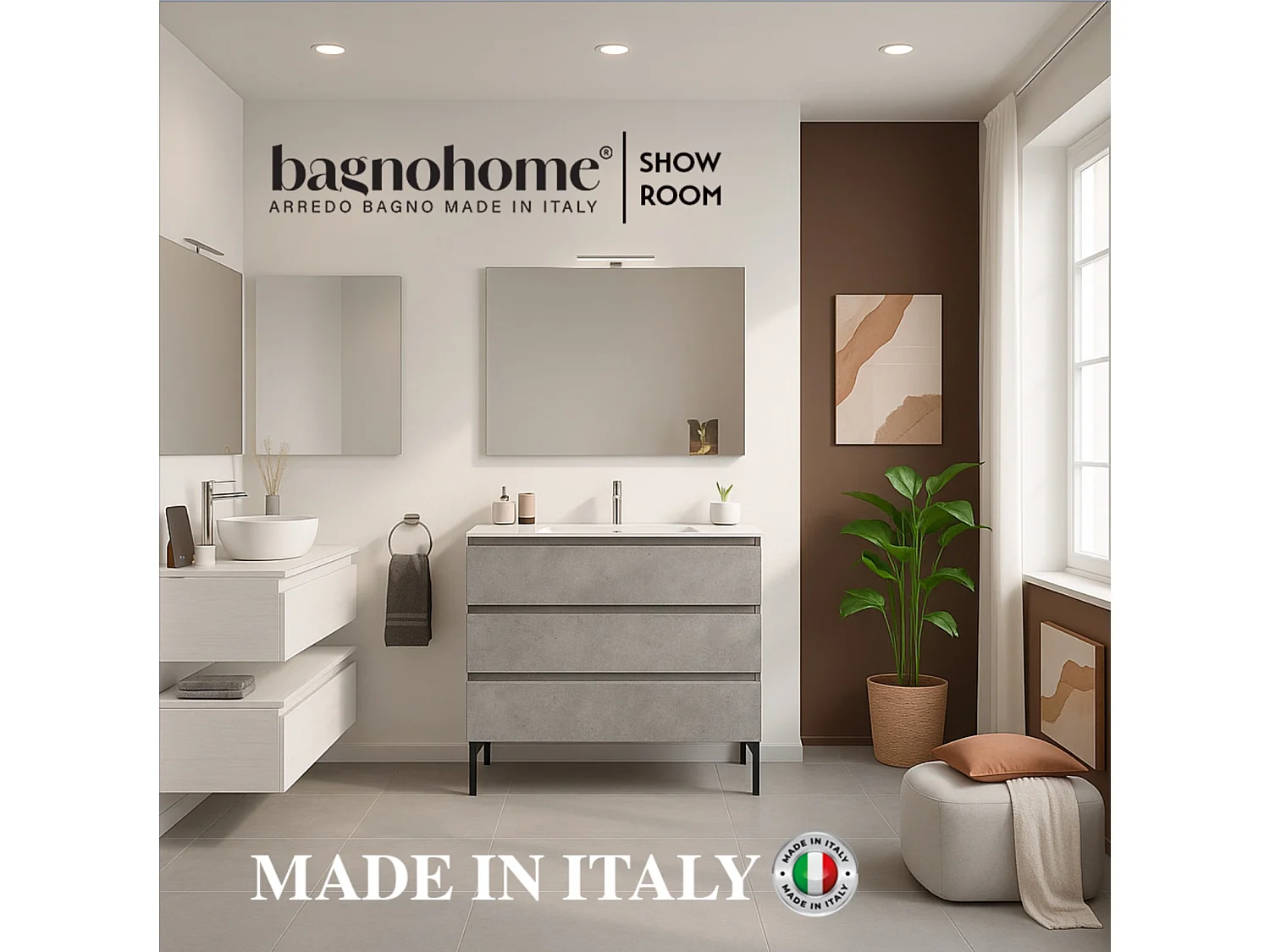 Mobile Bagno a terra 100 cm cannettato Bianco con lavabo ad incasso e specchio retroilluminato diametro 80 luce fredda