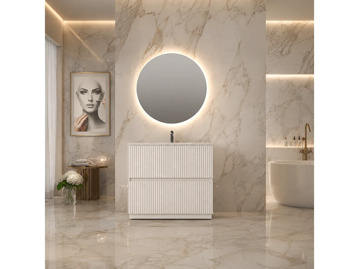 Mobile Bagno a terra 100 cm cannettato Bianco con lavabo ad incasso e specchio retroilluminato diametro 80 luce fredda