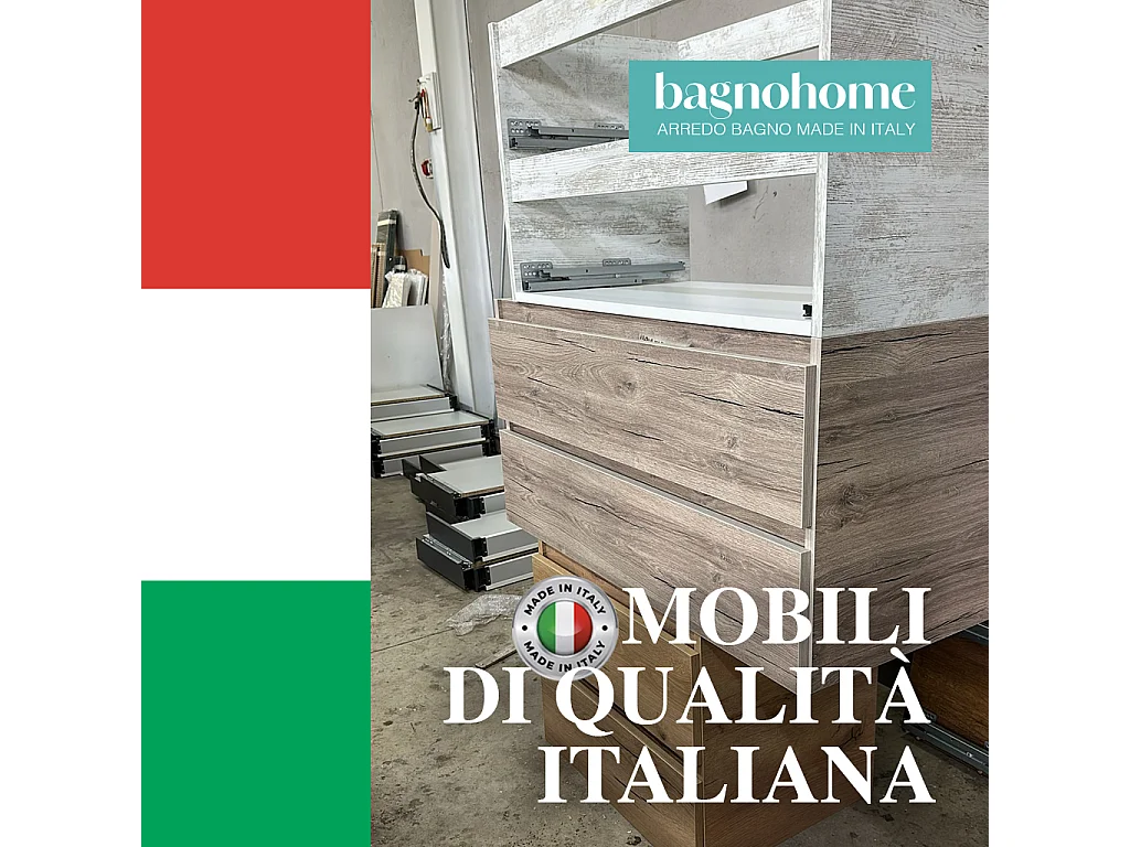 Mobile Bagno a terra 100 cm cannettato Noce con lavabo ad incasso e specchio retroilluminato diametro 80 luce fredda
