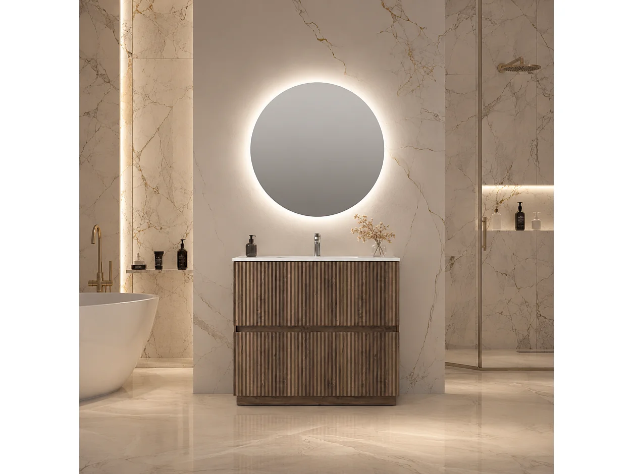 Mobile Bagno a terra 100 cm cannettato Noce con lavabo ad incasso e specchio retroilluminato diametro 80 luce fredda