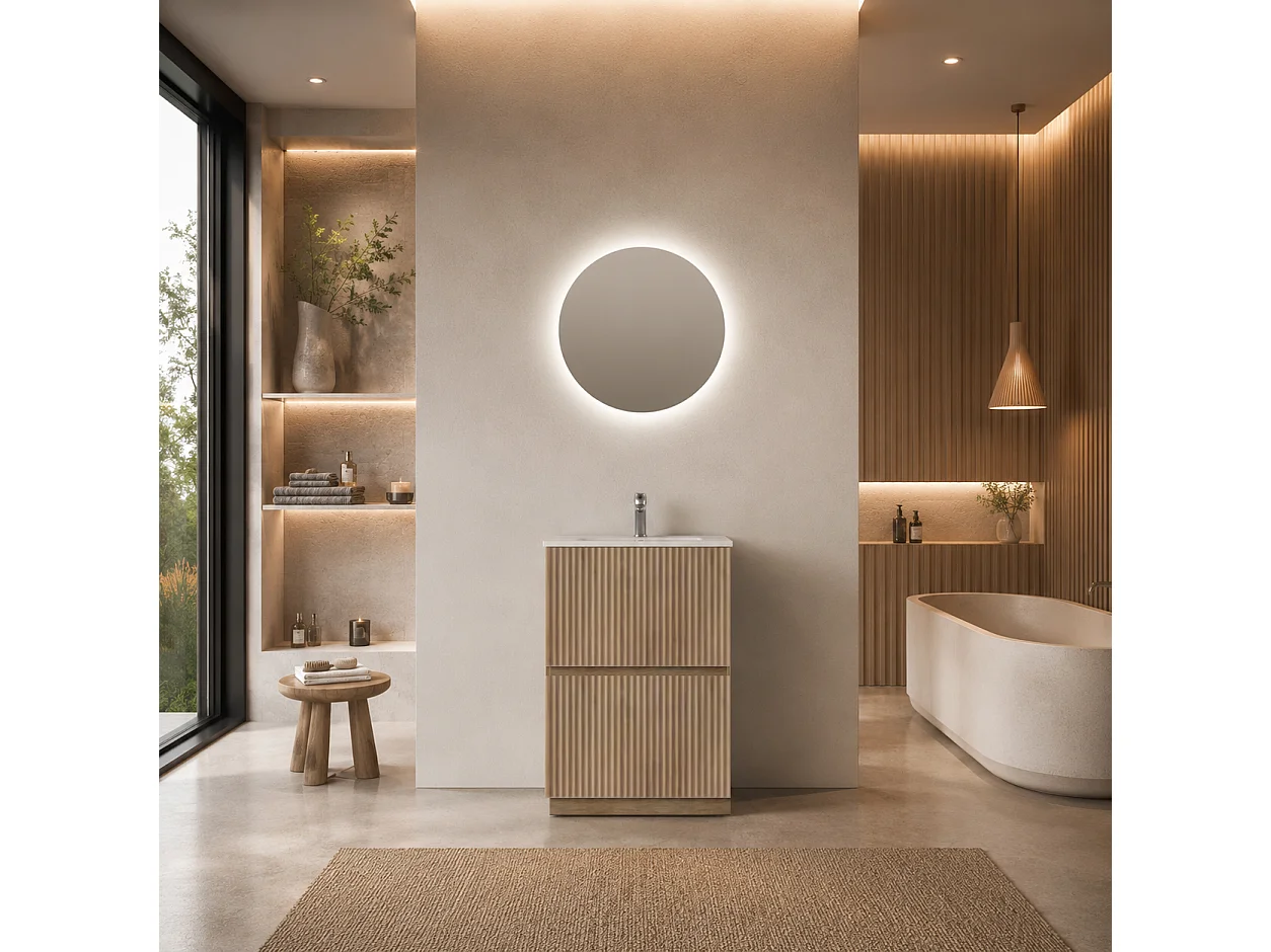 Mobile Bagno a terra 60 cm cannettato Rovere Tabacco con lavabo ad incasso e specchio retroilluminato diametro 60 luce fredda