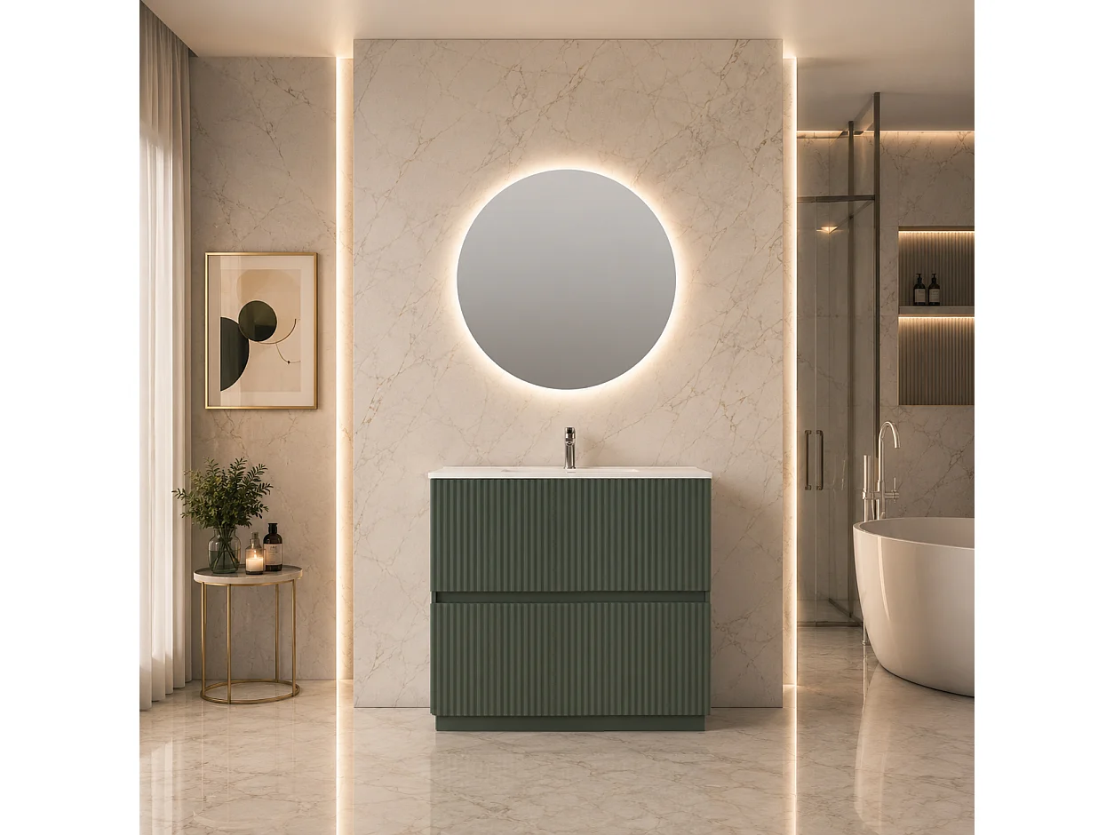 Mobile Bagno a terra 100 cm cannettato Verde Opaco con lavabo ad incasso e specchio retroilluminato diametro 80 luce fredda