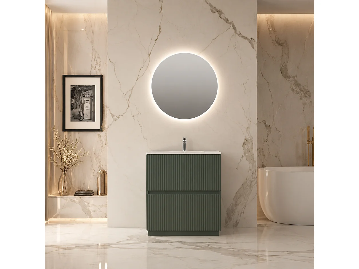 Mobile Bagno a terra 80 cm cannettato Verde Opaco con lavabo ad incasso e specchio retroilluminato diametro 80 luce fredda