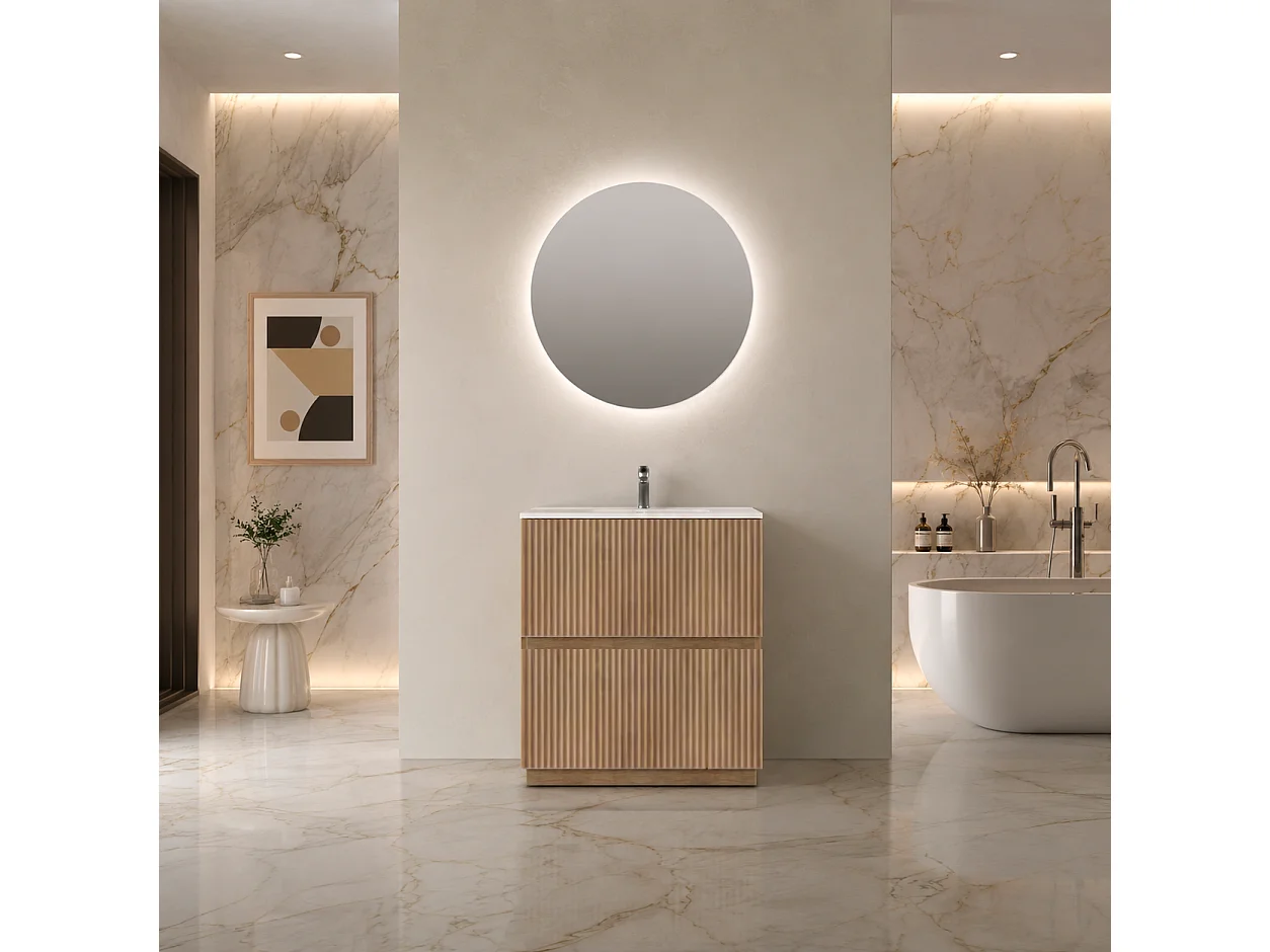 Mobile Bagno a terra 80 cm cannettato Rovere Tabacco con lavabo ad incasso e specchio retroilluminato diametro 80 luce fredda