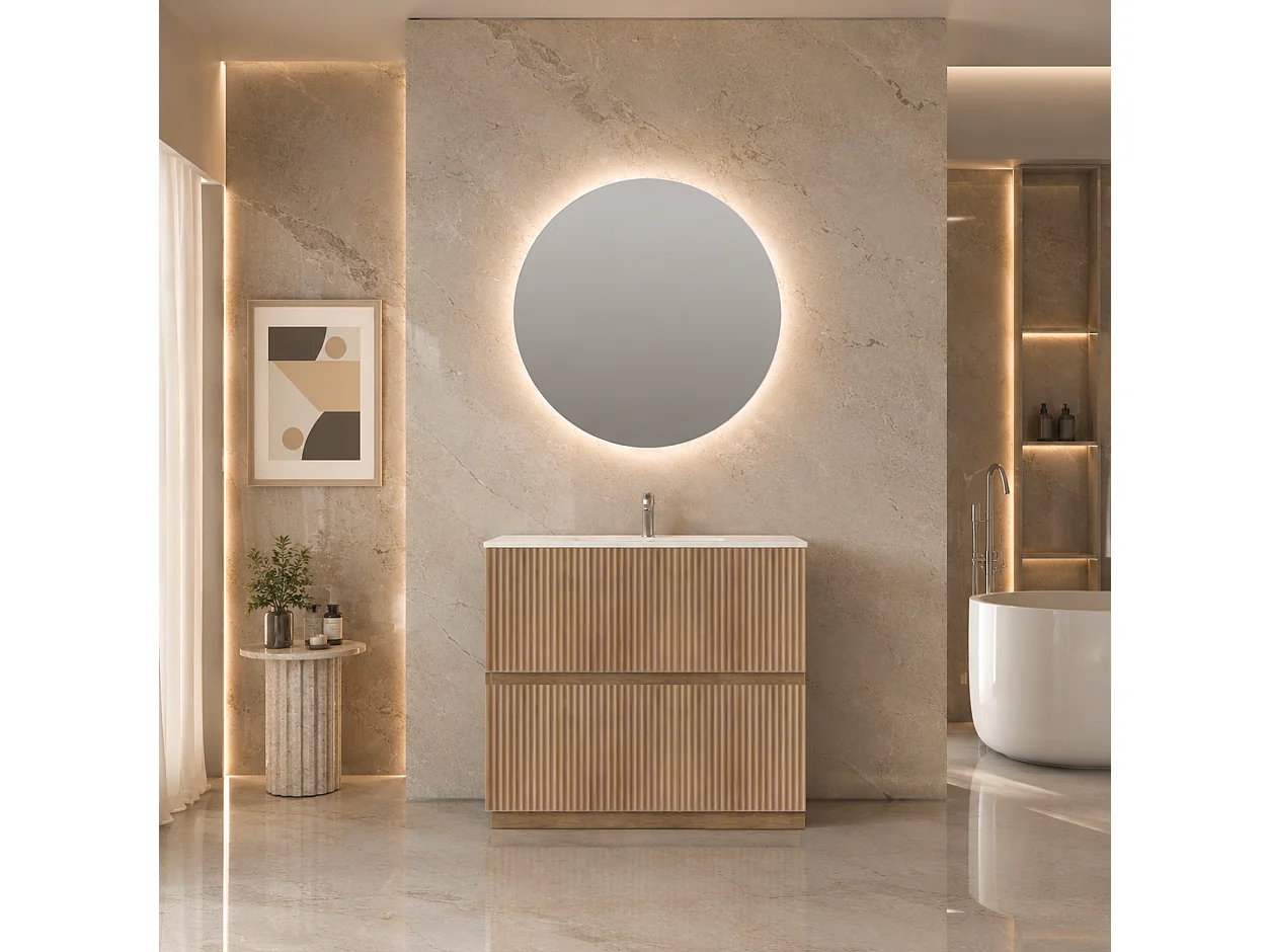 Mobile Bagno a terra 80 cm cannettato Rovere Tabacco con lavabo ad incasso e specchio retroilluminato diametro 80 luce fredda