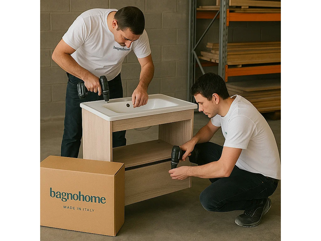 Mobile Bagno a terra 60 cm cannettato Noce con lavabo ad incasso e specchio retroilluminato diametro 60 luce fredda