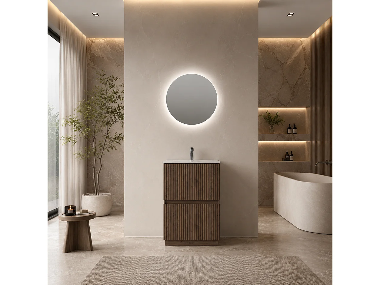 Mobile Bagno a terra 60 cm cannettato Noce con lavabo ad incasso e specchio retroilluminato diametro 60 luce fredda