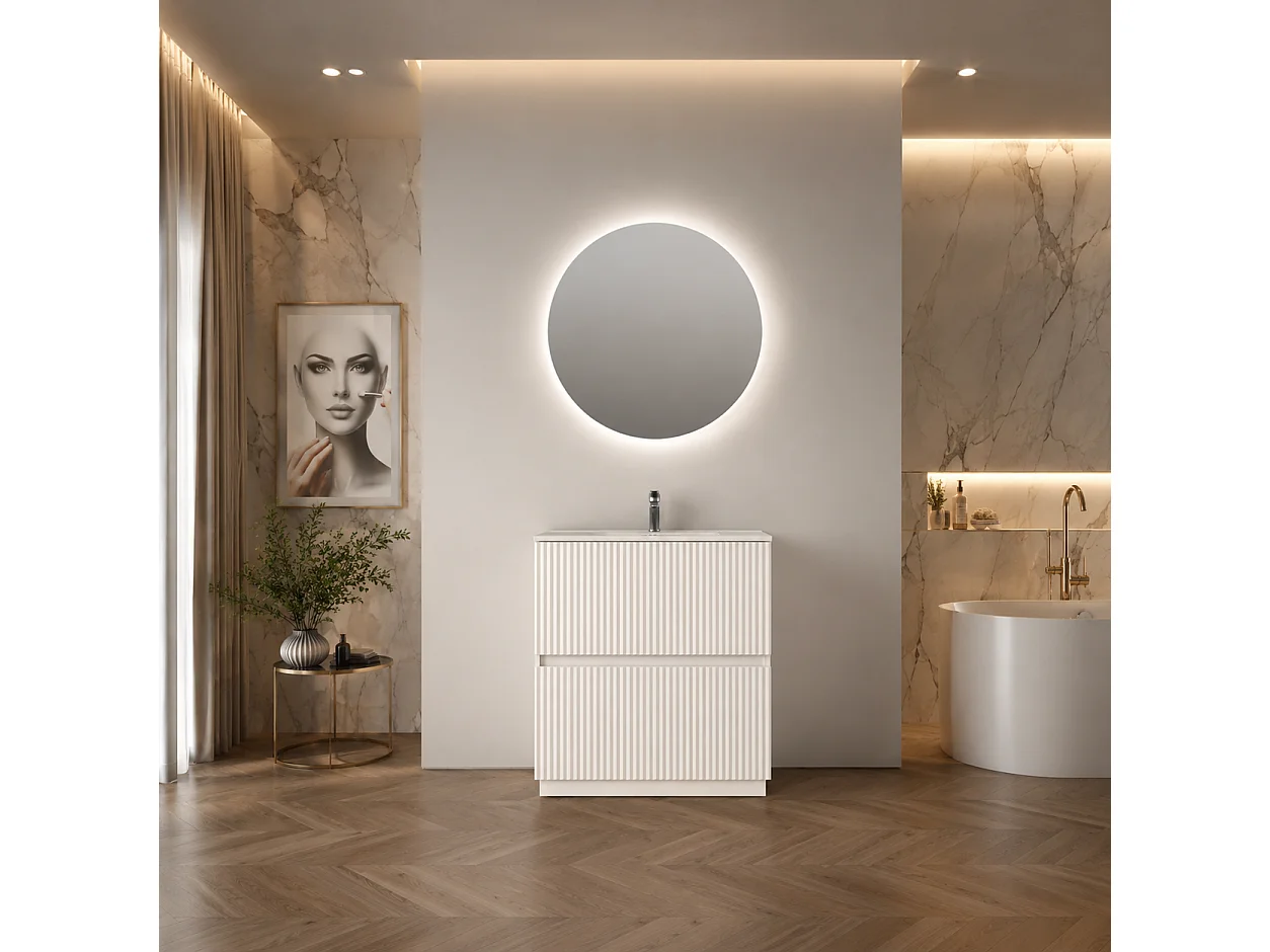 Mobile Bagno a terra 80 cm cannettato Bianco con lavabo ad incasso e specchio retroilluminato diametro 80 luce fredda