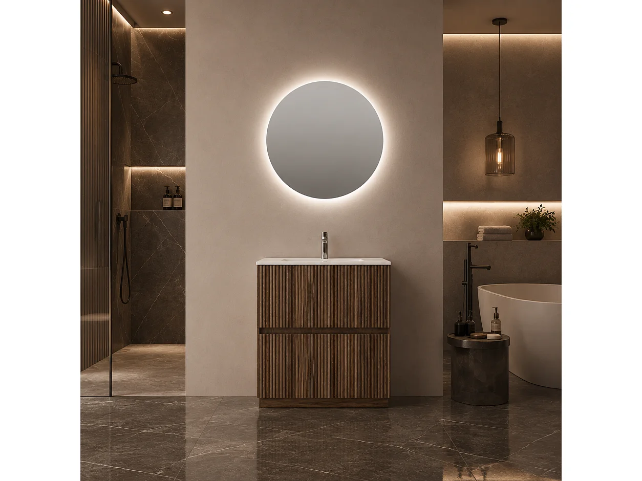 Mobile Bagno a terra 80 cm cannettato Noce con lavabo ad incasso e specchio retroilluminato diametro 80 luce fredda