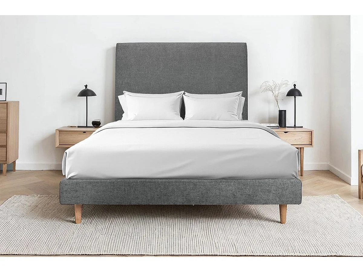 Lit 140x200cm avec tête de lit tapissier tissu et sommier tapissier gris anthracite - Hauteur totale : 29cm