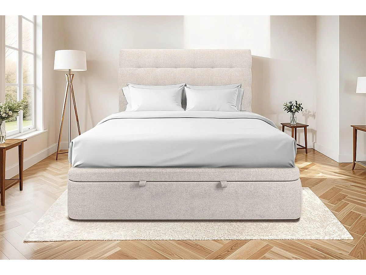 Lit coffre 140x190cm avec tête de lit capitonnée Tissu Beige clair - Hauteur totale : 39cm