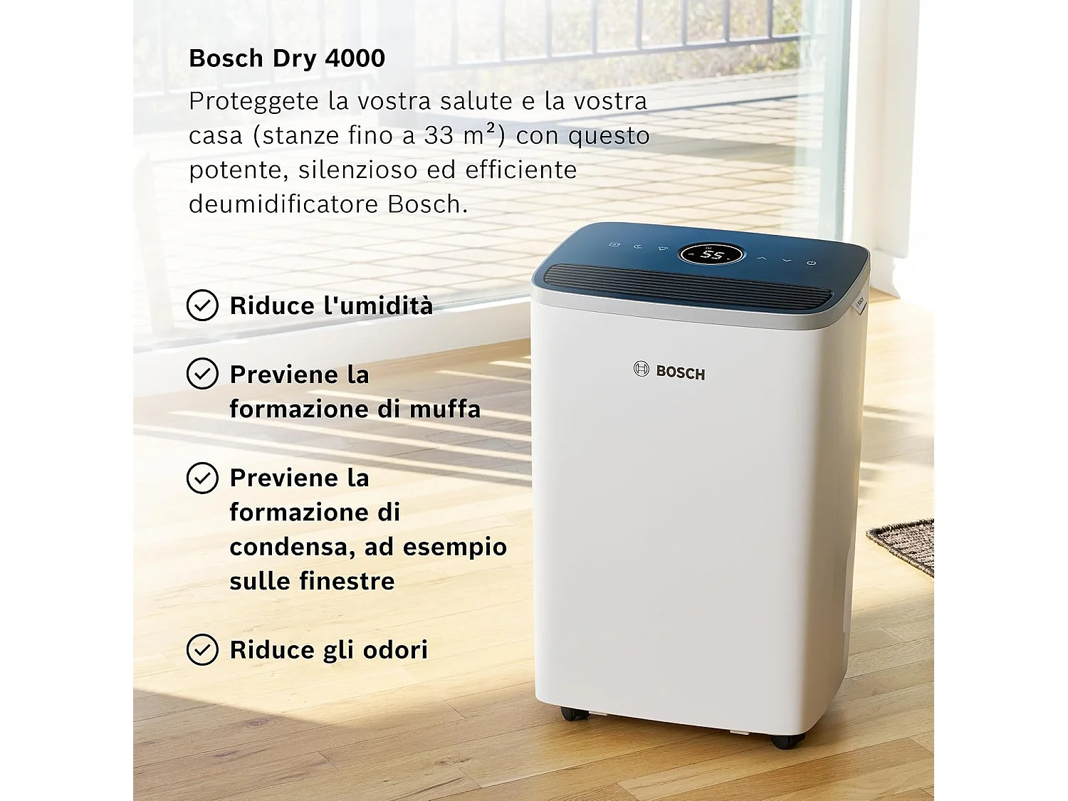 Bosch Dry 4000 2,5L 40dB Weißer Luftentfeuchter mit Wäschetrockner-Modus Automatisch Nacht Effizient Leise