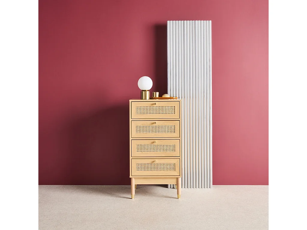 Cómoda con decoración de madera y mimbre, 4 cajones natural